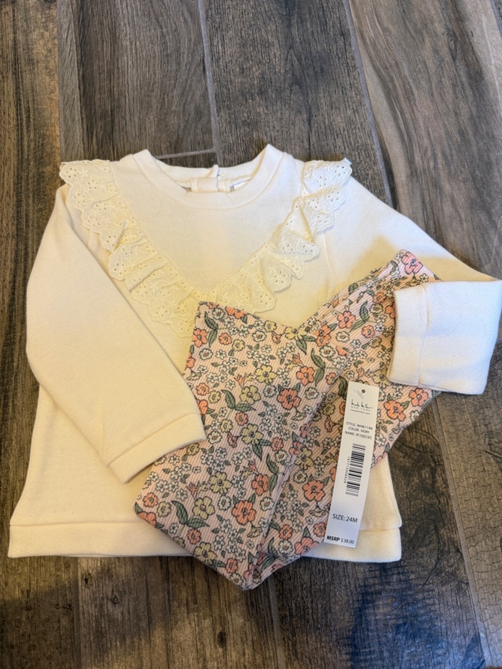 Nicole Miller Cream Ruffle Long Sleeve Top with Pink Floral Knit Pants